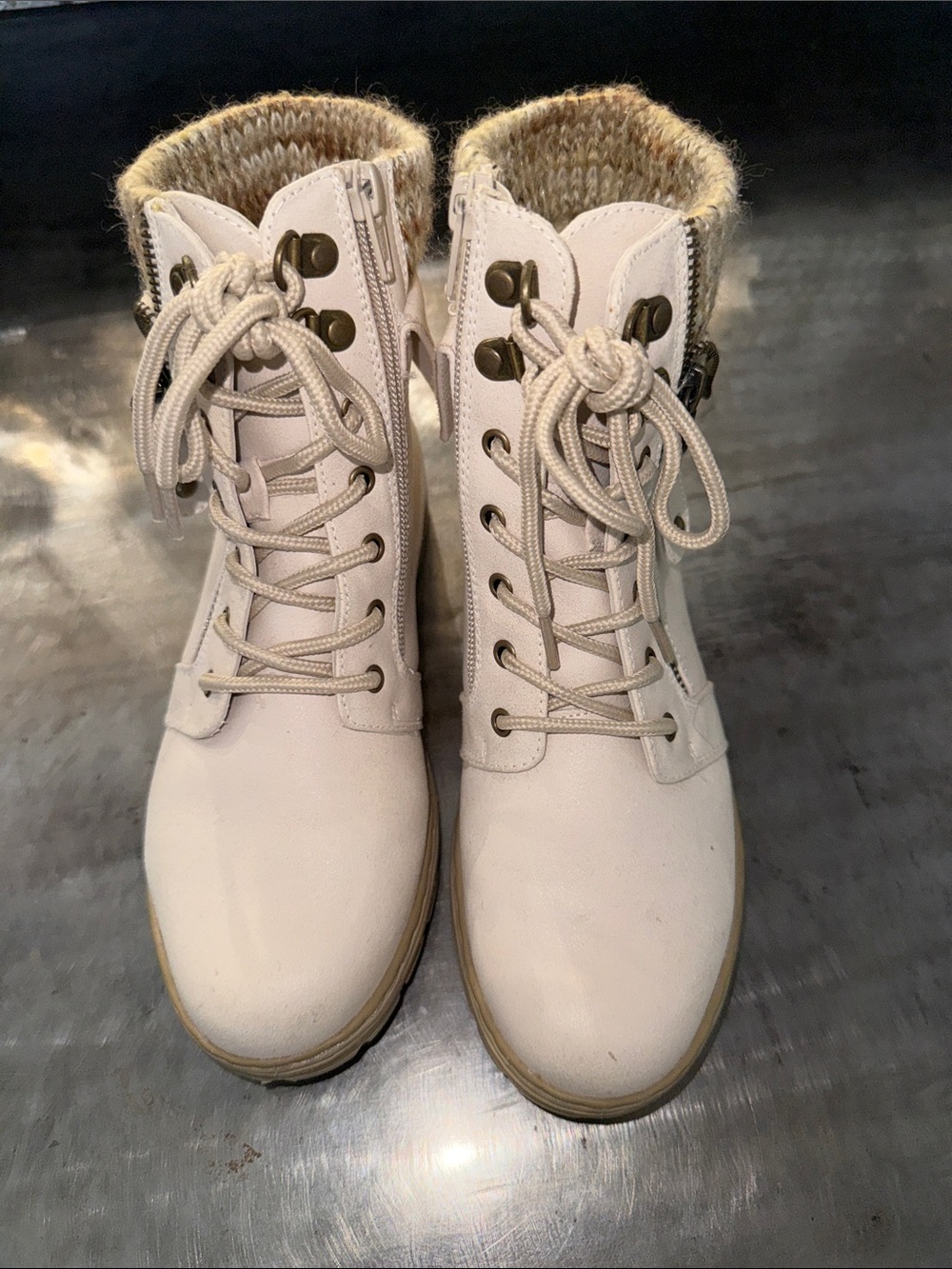 Cliffs by WHITE MOUNTAIN Cream Lace-Up Knit Collar Ankle Boots